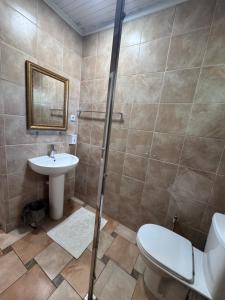 a bathroom with a toilet and a sink at Robinson Hotel in Zatoka