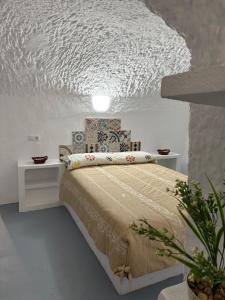 a bedroom with a bed with a white ceiling at CUEVA RURAL PALAPA DEL PERAL in El Charcón +25 photos