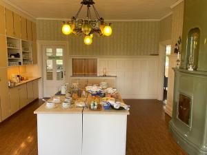 a kitchen with a large island in the middle at Trunnagården in Orsa