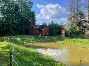 a barn and a pond in a field at koliBka - tiny house in Michalová
