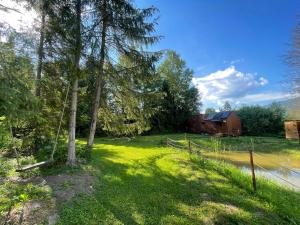 a yard with a tree and a barn at koliBka - tiny house in Michalová