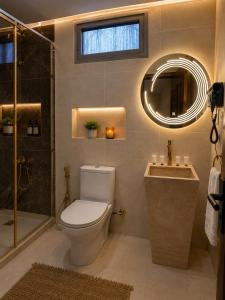 a bathroom with a toilet and a shower and a sink at Leeda Pyramids View in Cairo +31 photos