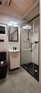 a bathroom with a shower and a sink at Szalona Gęś in Gąski +11 photos