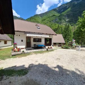 a house with a picnic table in front of a mountain at Holiday house Lepena in Soča
