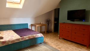 a bedroom with a bed and a dresser with a flat screen tv at Chayka Home Hotel in Chayky