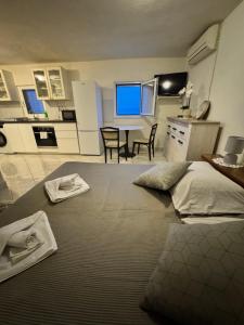 a living room with a bed and a kitchen at Studio Apartment Rose in Selca