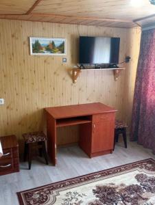 a room with a desk and a tv on a wall at Апартаменти з гарним краєвидом in Yablunytsya