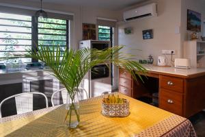a vase with a plant on a table in a kitchen at Blue Zebra - Le Jardin d'Antoinette in Rivière Noire