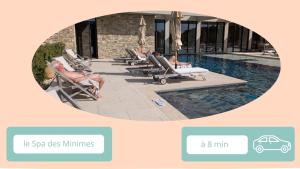 a group of people laying on lounge chairs next to a pool at Cool charming appartment in historic forcalquier in Forcalquier