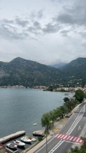 a large body of water with boats parked next to a road at Tesla Apartman in Risan