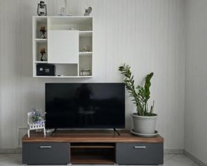 a flat screen tv sitting on top of a wooden entertainment center at Apartman"Petra" in Krk