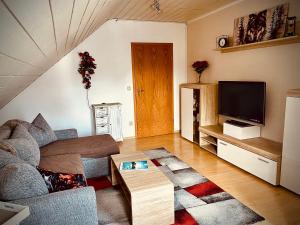 a living room with a couch and a tv at Bassd scho in Ebensfeld