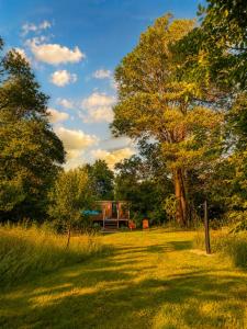 a field with a tree and a house in the background at Maringotka Pomněnka in Pačejov +14 photos