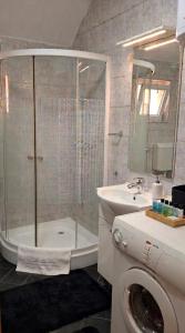 a bathroom with a shower and a toilet and a sink at Apartmani Lazaro in Višegrad +18 photos