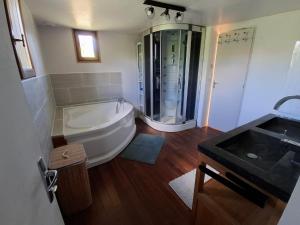 a bathroom with a tub and a shower and a sink at Chez les Wawas in Sainte-Agathe-dʼAliermont +21 photos