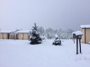 a snow covered yard with christmas trees and a parking meter at Agriturismo Le Due Arcate in San Massimo