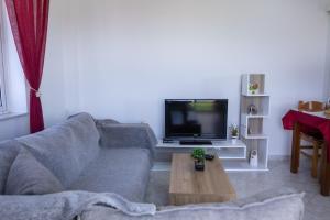 a living room with a couch and a tv at Ξενώνας της Αγάπης in Salamina