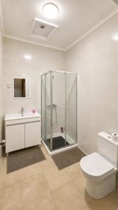 a bathroom with a shower and a toilet and a sink at Albani Hostel in Palmela +27 photos