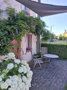 a patio with a table and chairs and flowers at LE LIT DE LA SEMOY Chassepierre in Chassepierre