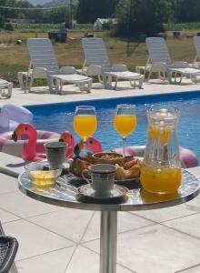 a tray of food and drinks on a table by a pool at Guest House Aleksandra in Bajina Bašta