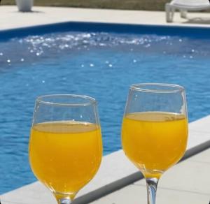 two glasses of wine sitting on a table next to a pool at Guest House Aleksandra in Bajina Bašta