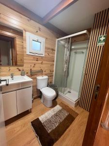 a bathroom with a toilet and a sink and a shower at Pedra Douro in Fontelas +22 photos