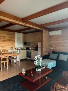 a living room and kitchen with a bed and a table at Pedra Douro in Fontelas