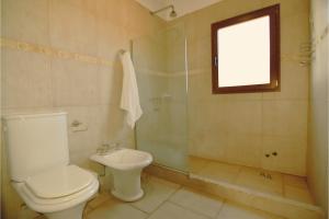 a bathroom with a toilet and a shower and a window at Complejo cabañas Portal Uritorco in Charbonier +3 photos