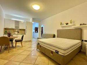 a bedroom with a bed and a table and a kitchen at Apartment Studio Premier in Rafailovici