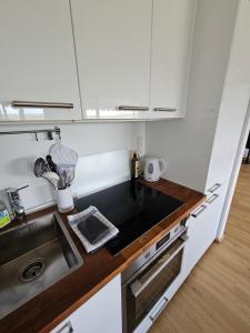 a kitchen with a sink and a counter top at Apartment 416 mit Pool in Lahnstein +14 photos
