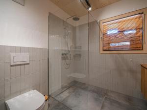 a bathroom with a toilet and a glass shower at Raneburg 4 Futterhaus in Matrei in Osttirol +20 photos
