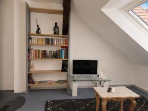 a living room with a tv and a book shelf at Duplex 2 à 4p. tout confort in Dolleren