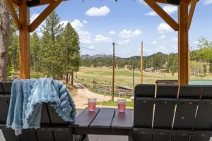 a table and chairs with a view of a field at Rustic Sanctuary BHBungalows #7 in Custer
