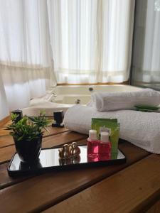a tray with two towels and a bath tub at CABANA AURORA com passeios a cavalo gratuito in Urubici