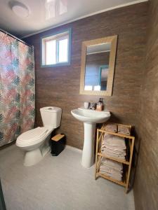 a bathroom with a toilet and a sink and a mirror at Cielo Tiny House in San Pedro de Atacama