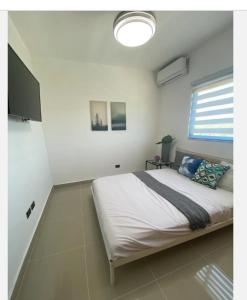 a bedroom with a bed and a window and a television at Torre con ascensor y vigilancia in Santiago de los Caballeros