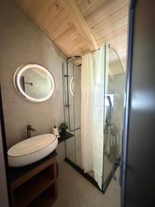 a bathroom with a shower and a toilet and a sink at Riverside - Mountain Stay with Sauna in Vusanje