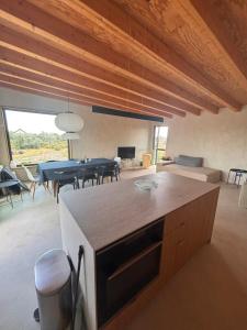 a kitchen and living room with a table and chairs at Casa Zaan in Sulina