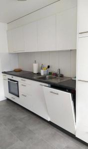 a white kitchen with a sink and a microwave at Appartement Cosy Centre ville in Fribourg