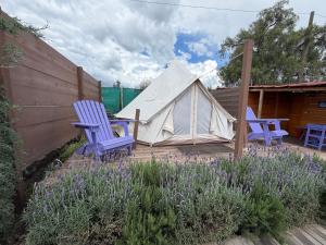 two blue chairs and a tent in a yard at Glamping Rincón de Lavanda in Texcoco de Mora