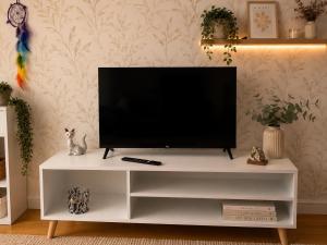 a television on a white entertainment center in a living room at Appartement Cosy Centre ville in Fribourg