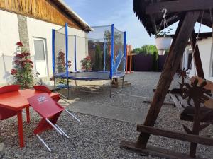 a patio with a table and a trampoline at Pensiunea Casa Nina in Cârțișoara