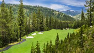 an aerial view of a golf course with trees at Everline Resort and Spa, Lake Tahoe in Olympic Valley +98 photos