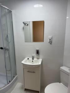 a bathroom with a sink and a shower and a toilet at POKOJE -KWATERY Chodecz Waryńskiego 2A in Chodecz