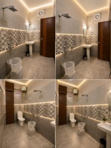 four pictures of a bathroom with toilets and sinks at Hotel Himalayan Heaven - A Most Luxury & Best Mountain View Hotel In Mussoorie By lilly in Mussoorie