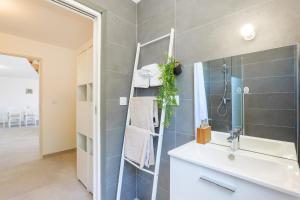 a bathroom with a sink and a shower at Le gecko avec jacuzzi in Saint-Germain