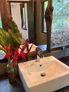 a bathroom sink with red flowers and a mirror at The Trogon Knuckles in Rangala