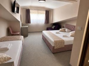 ein Hotelzimmer mit zwei Betten und einem Stuhl in der Unterkunft Hotel Ponti in Widin