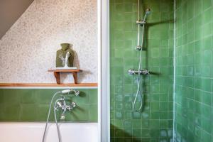 a bathroom with a shower with green tiles at Das Falken Nest in Eisenbach