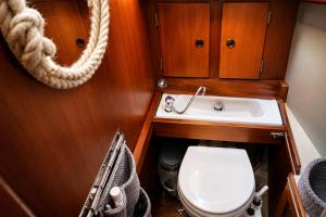 a small bathroom with a toilet and a sink at Garuda yacht in Nida
